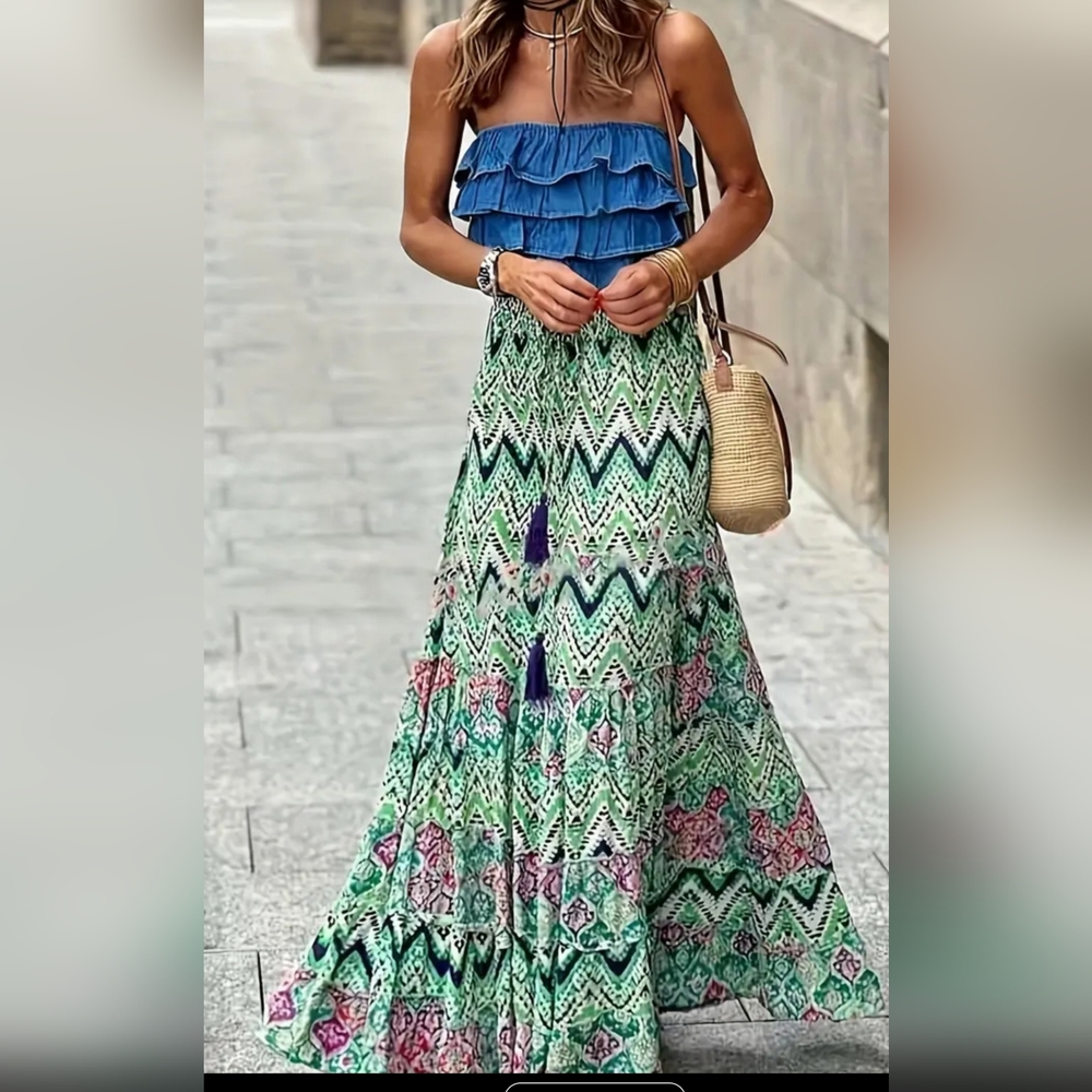 Bohemian Green Chevron Maxi Skirt